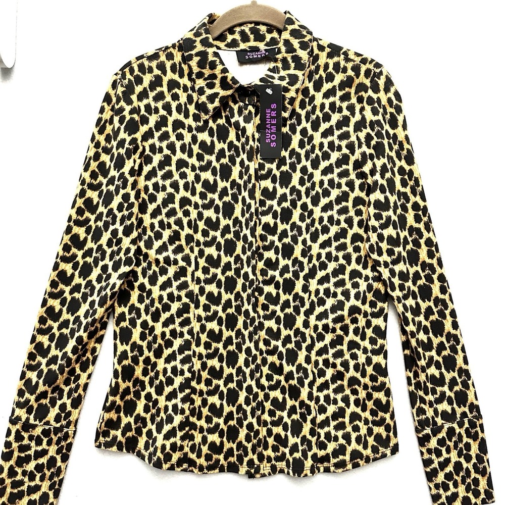 Suzanne Somers Small S Cheetah Print Button Front Top Shirt Blouse